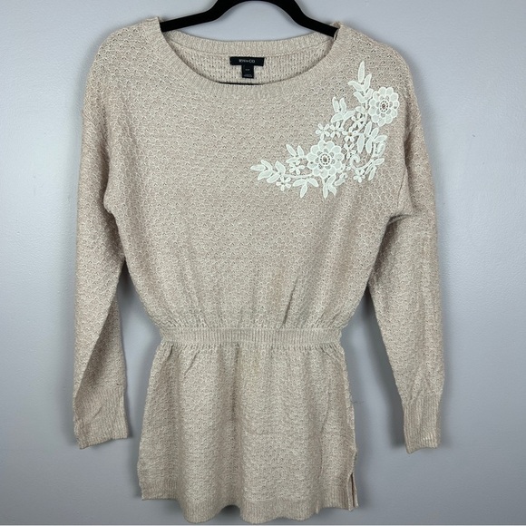RW & CO Floral Embroidered Cinched Waist Tunic Sweater XS Cream - Picture 2 of 13